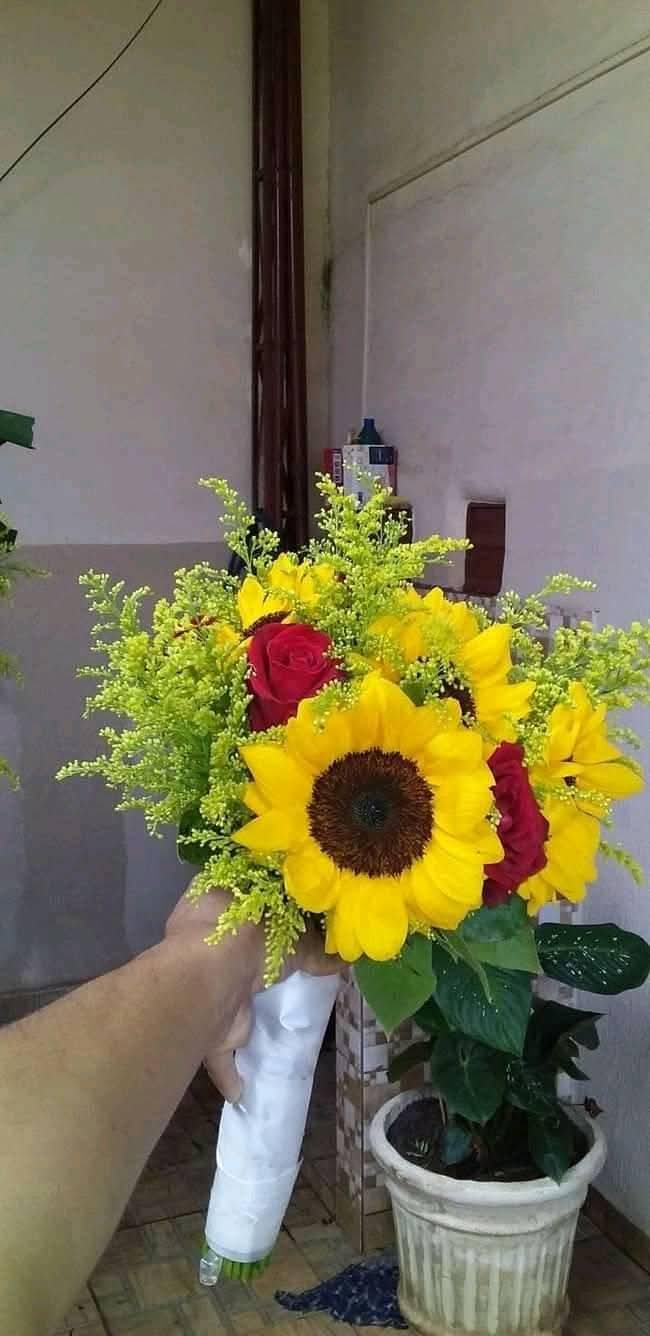 mão segurando um buquê de girassóis e rosas vermelhas com folhagem verde, ao lado de um vaso de planta num amb